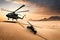 Military Choppers Or Helicopters Crosses Fire And Smoke In The Desert To Execute Military Landing Or Extraction, . Generative AI