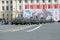 The military column of UAZ-469 cars goes to the Palace Square. Rehearsal of the Victory Day parade in St. Petersburg