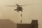 Military combat and war with helicopter flying into the chaos and destruction. Soldiers suspend from rope to the ground from