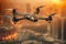 Military drone in flight observing positions. An unmanned aerial vehicle against the backdrop of a burning city. War.