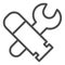 Military engineering line icon. Army engineer tools, wrench and bullet symbol, outline style pictogram on white