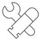 Military engineering thin line icon. Army engineer tools, wrench and bullet symbol, outline style pictogram on white