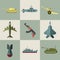 Military equipment and weaponry flat icons