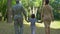 Military father with son and wife walking in park, holding hands, back view