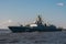 The military frigate Admiral of the Fleet of the Soviet Union Gorshkov project 22350 passes near Kronstadt during the rehearsal of