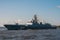 The military frigate Admiral of the Fleet of the Soviet Union Gorshkov project 22350 passes near Kronstadt during the rehearsal of