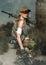 Military girl with automatic rifle. Dooms day