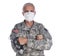 Military Health Care Concept. Military doctor with his arms folded wearing camoflague fatigues, surgical mask holding a