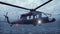 Military helicopter Blackhawk lands on an aircraft carrier on a cloudy day in the vast blue ocean. 3D Rendering