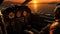 Military helicopter cockpit with view of the sea and mountains at sunset