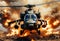 Military helicopter fly from explosion big fire. Generative AI