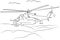 Military helicopter flying among the mountains drawn in black outline