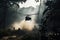 military helicopter landing in smoke-filled jungle, with armed guards ready for action