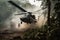 military helicopter landing in smoke-filled jungle, with armed guards ready for action