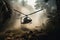 military helicopter landing in smoke-filled jungle, with armed guards ready for action