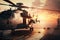 Military helicopter on warship board at sunset. Navy helicopter on board the aircraft carrier in the sea. Created with