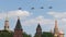 Military helicopters over Red Square in Moscow, Russia