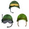 Military helmet of a modern soldier. Green protective cap. Set of Ammunition and uniforms with glasses