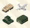 Military icons set with barracks, airplane, tank and armored tank