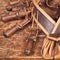 Military items for vintage guns and retro muskets - old bullets and gunpowder flask. Ancient arsenal of events from the Russo-