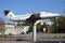 Military jet aircraft L - 29, on a pedestal in the ukrainian provincial  city of Volnyansk