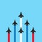 Military jets with colored trails on blue background. Plane show illustration