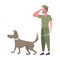 Military man standing with dog army soldier in camouflage uniform saluting gesture male cartoon character full length