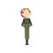 Military man standng at attention, soldier character in camouflage uniform and red beret cartoon vector Illustration on
