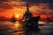 Military navy ships in a sea at sunset. Generative AI