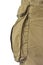 Military olive green army style cotton twill cargo pants storage pocket isolated macro closeup, large detailed camouflage trousers