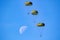 Military parachutist paratroopers parachute jumping out of a air force planes on a clear blue sky day with the moon