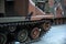 Military parade. Armored vehicle camouflage color, close up view. Army weapon for war and defense