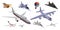 Military and passenger aircraft set. Fighter jet, Balloon, hang glider, old model, private jet, F-117 Nighthawk