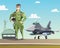 Military pilot and jet fighter on runway