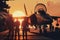 Military pilots near jet fighter at sunset. Military aviation. Created with Generative AI