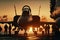 Military pilots near jet fighter at sunset. Military aviation. Created with Generative AI