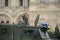 A military police officer in an armored truck Ural-63095 `Typhoon-U` during a parade on red square.