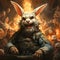 military rabbit dictator on podium against background of explosions and evil rabbits AI generated