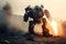 military robot on a battlefield, engaging the enemy in an epic battle