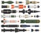 Military rocket weapon. Ballistic weapons, nuclear, aerial bombs, cruise missiles and depth charges vector illustration