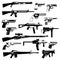 Military set of automatic guns, pistols and other weapons. Monochrome illustrations isolate