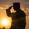 Military soldier saluting in the morning hours, silhouetted by the rising sun - generative ai