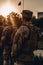 Military soldier stands near graves of American heroes sunlight