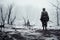 military soldier. winter battle field. WWII soldier. winter cold landscape. misty and foggy. forgotten soldier.