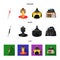 Military spear, Mongolian warrior, helmet, building.Mongolia set collection icons in cartoon,black,flat style vector
