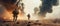 military special forces soldiers crosses destroyed warzone through fire and smoke in the desert, wide poster design with copy