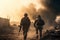 Military special forces soldiers are depicted crossing through a destroyed warzone amid fire and smoke. Generative AI