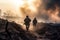 Military special forces soldiers are depicted crossing through a destroyed warzone amid fire and smoke. Generative AI