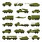 Military Special Transport of Khaki Color as Army Vehicle Big Vector Set