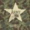 Military stamp letters. Army font with camouflage background and star. 26 upper case latin letters